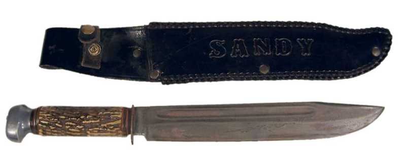Large Jacobs & Co German Bowie Knife 10.25" Blade: Two piece bone handle, aluminum pommel and a 10.25" steel blade, marked Jacobs & Co. Solingen-GR. Made in Germany. Custom made black leather sheath embossed SANDY. Total length is approx. 15.75".