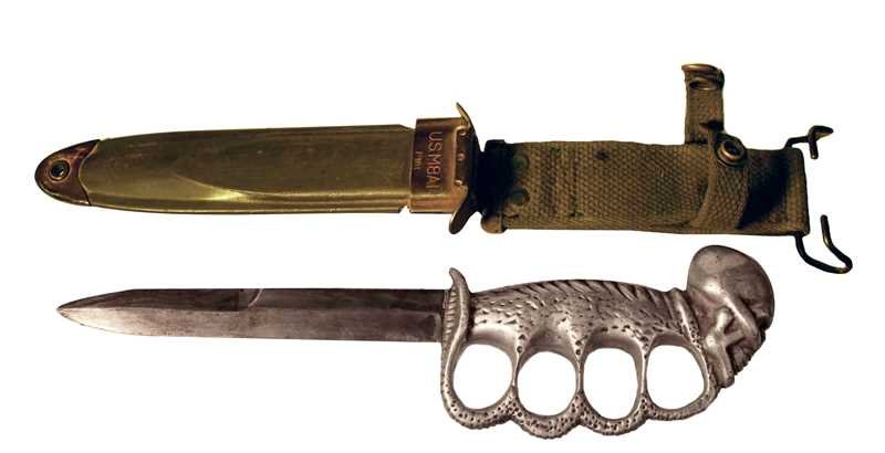 E W Stone Skull & Cobra M4 Fighting Knife: E.W. Stone Sr. style Skull & Cobra cast aluminum handle Pacific Theater fighting knife with a U.S. M4 Imperial marked blade and U.S. M8A1 PWH sheath. Nicks and scratches to the blade and sheath, the b