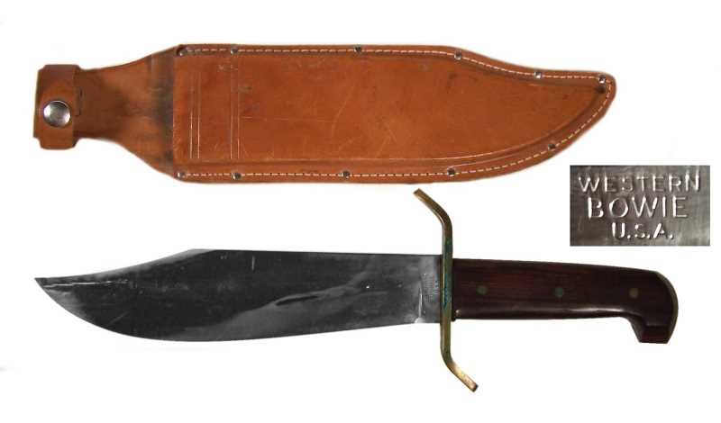 Large Western Bowie Knife & Sheath 9.25" Blade: Vintage knife, the blade is in very good condition, scuffs to handle and leather sheath, green color corrosion on the patina on the brass cross guard. Original sheath. Total length is approx. 15.75" x