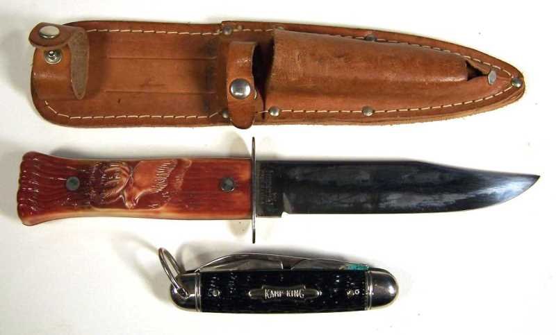 Vintage Imperial Knife Set, Fixed Blade & Pocket Knife: Fixed blade hunting knife with faux stag handle and a Kamp-King Imperial pocket knife. The set includes 2 knives and leather sheath that carries both knives. The fixed blade is approximately 5" long.