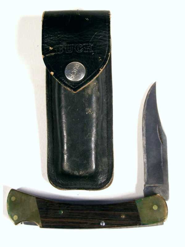 Vintage Buck Knife 110, Big Folding Knife w/ Sheath: Vintage knife in good used condition, scratched from sharpening, etc. Black leather case. The blade measures approx. 3.75" long.