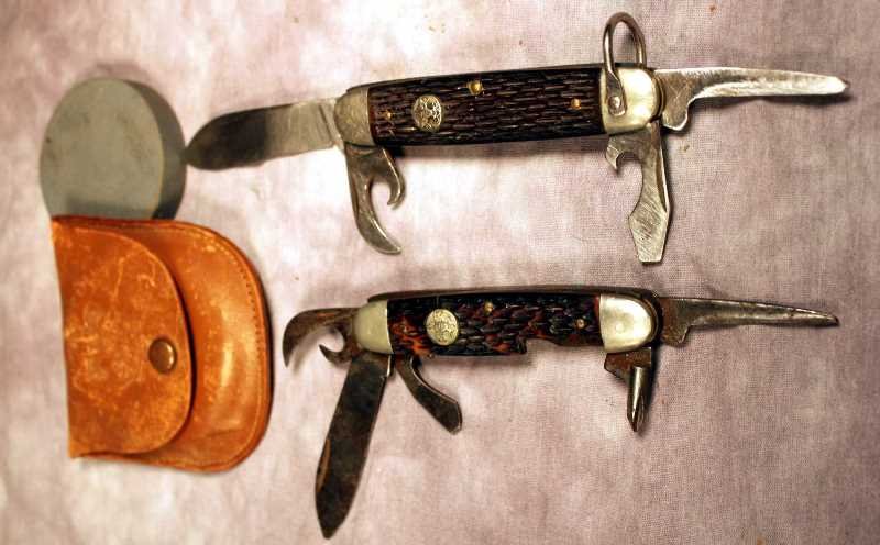 3Pcs. Boy Scout Knives, Ulster, Imperial & Sharpening: 2 nice vintage Boy Scout knives, Ulster multi tool with approx. 2.625" blade. An Imperial multi tool knife with an approx. 2.5" blade and a Carborundum Company Niagara sharpening stone with belt-sheat