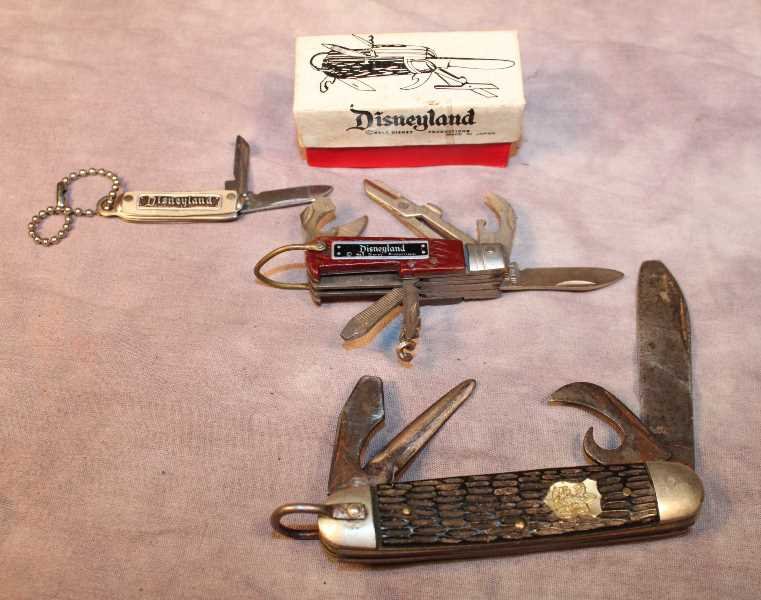 Disneyland & Boy Scout Pocket Knives, Camping Knife: 2 Disneyland marked pocket knives, (1) camping knife with the original box with it, made in Japan. (2) Made in the USA, 2 blade, key chain knife. (1) Imperial Boy Scout knife (damaged tip), blade is a