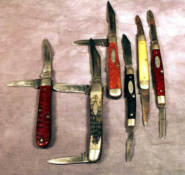6 Vintage Case Pocket Knives: 087PI (?), 6233, 6225 1/2 and the other are to faint to read. The lonest blade is approx. 2.375". Good used condition.