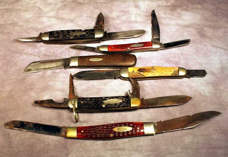 6 Case Co. Folding Knives: 2 multi-tool camping knives (one is marked #640045R) and Case XX folding knife model #11031 SH. The last three knives are is need of restoration, damaged or missing handle, chipped blade, broken blade