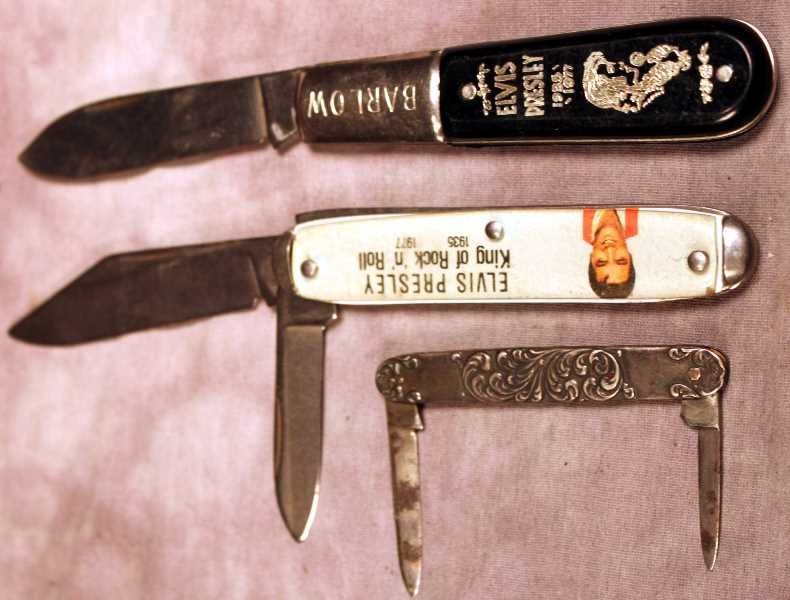 2 Elvis Presley & 1 Sterling Grip Pocket Knife: Vintage Elvis Presley 1935-1977 commemorative pocket knives, King of Rock n Roll made in the USA and a black grip Barlow. The third knife is an antique pocket knife with applied sterling silver grips.