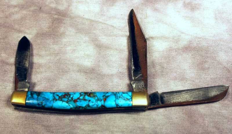 RARE Schrade 340T Turquoise Stone Grips: Turquoise stone grips with beautiful matrix. The blade is marked Schrade N.Y. U.S.A. 340T. Blade is approx. 2.5" long, some surface rust and corrosion on the blade.