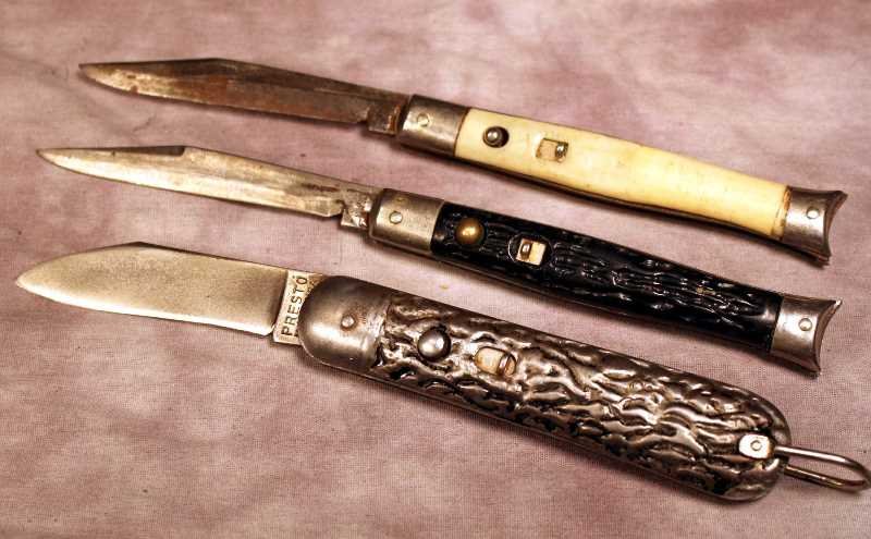 3 Switch Blades: 2 Colonial SHUR-SNAP one white grip and one black grip, approx. 3.25" blades; Schrade Prestow with metal grips, release mechanisms are non functional.