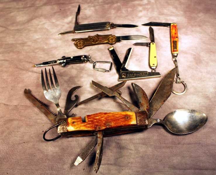 6 Knives and Knives Pen: Various Folding Pocket Knives and Pipe Knife. One oversize Japanese multi-tool camping knives, key fob knife and switchblade writing pen. From 1.5" - 4.5" blade lengths
