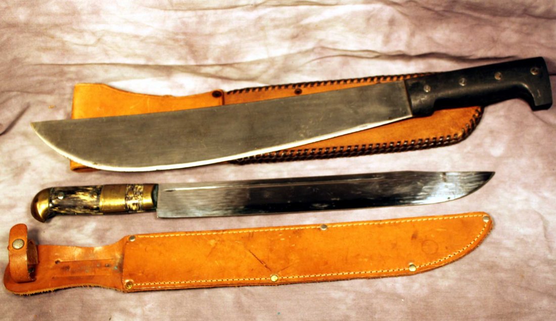 Machete & German Long Knife: Standard modern machete w/ 14" Blade and Sheath; German Panda Fixed Blade 12" and Sheath