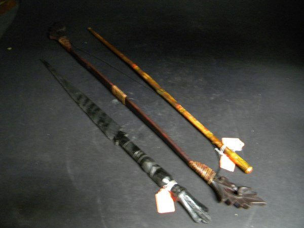 Lot of 3 Malaysian Carved Pieces: Bow and other tribal items.