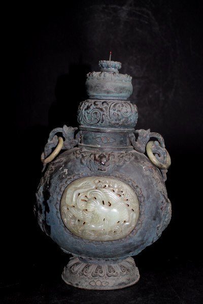 Mongolian or Tibetan Vase with Jade Accents: Size : 14" T