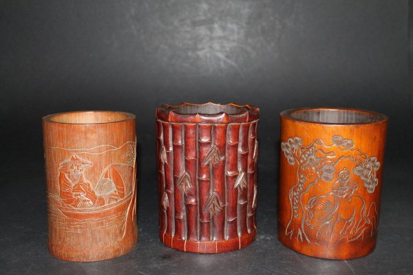 Lot of 3 Carved Bamboo Pen Holders (1 of 1)