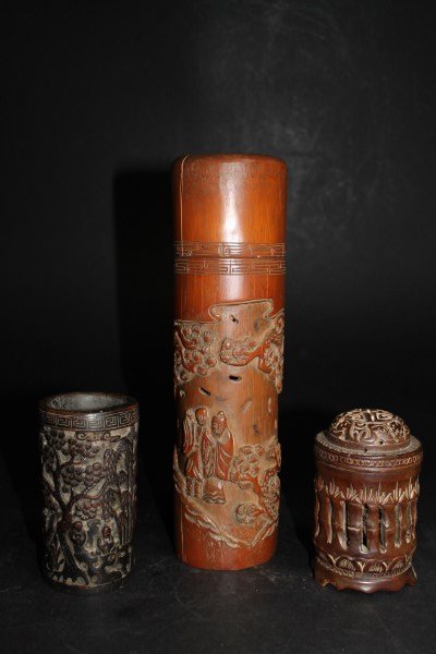 Lot of 3 Carved Wood Pen Holders: Size: 11.5" T