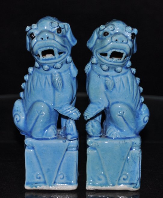 Pair of Chinese Turquoise-Glazed Fu Dog Figures: Size: