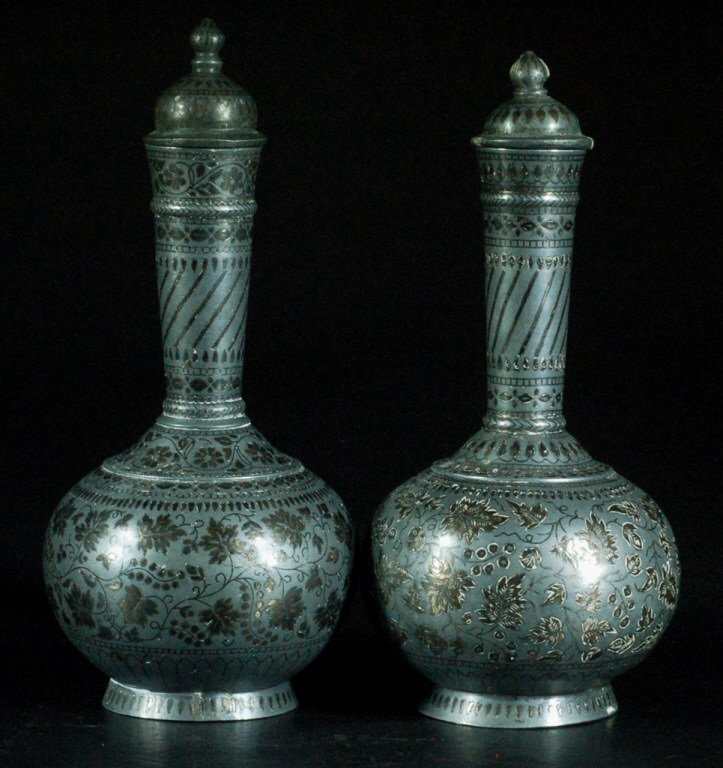 Pair of Indo-Persian Covered Bottles: Niello grapes and leaves decoration, each with cover. Size: 8" H each