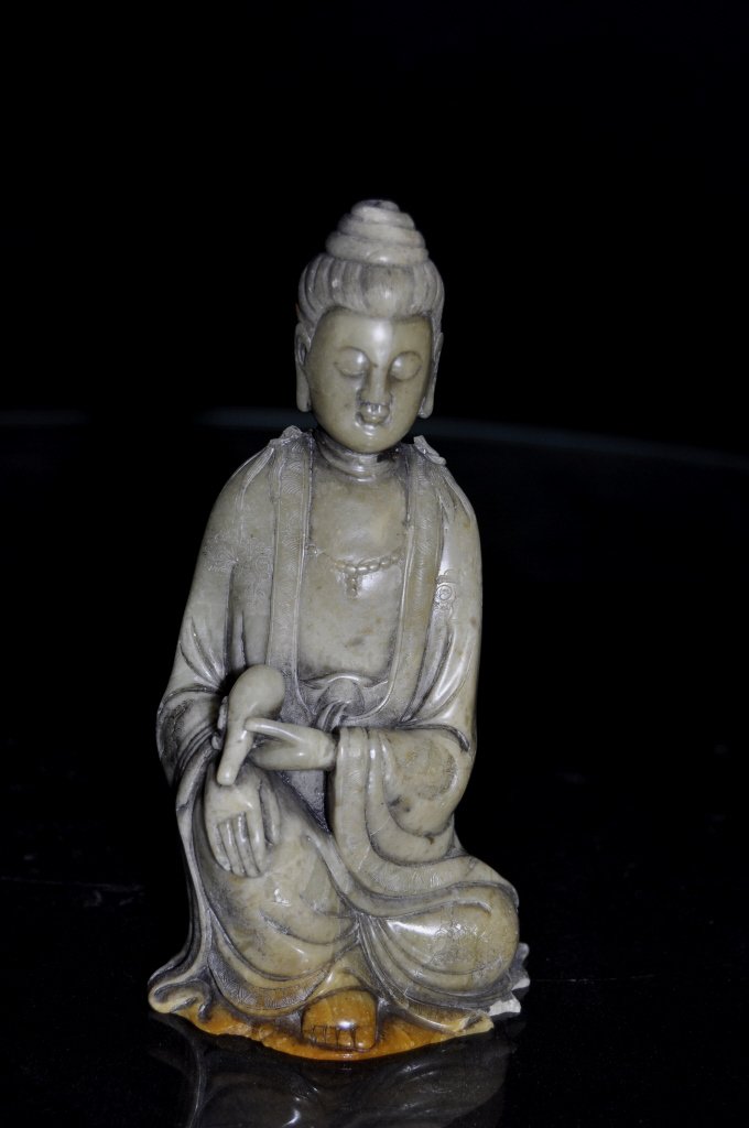Carved Soapstone Guanyin Figure: Repaired head at neck.
