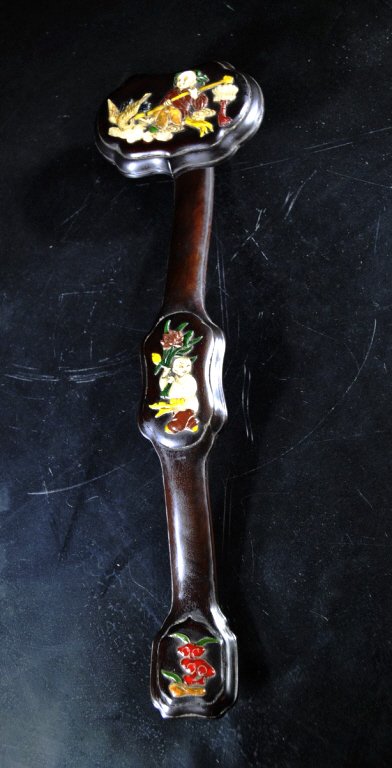 Chinese Stone-Inlaid Wood Ruyi Scepter: Chinese Stone-Inlaid Wood Ruyi Scepter.Dimension: 14-1/2"L