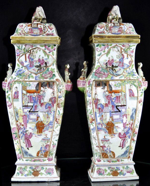 Large Pair of Chinese Rose Mandarin Covered Vases (1 of 3)