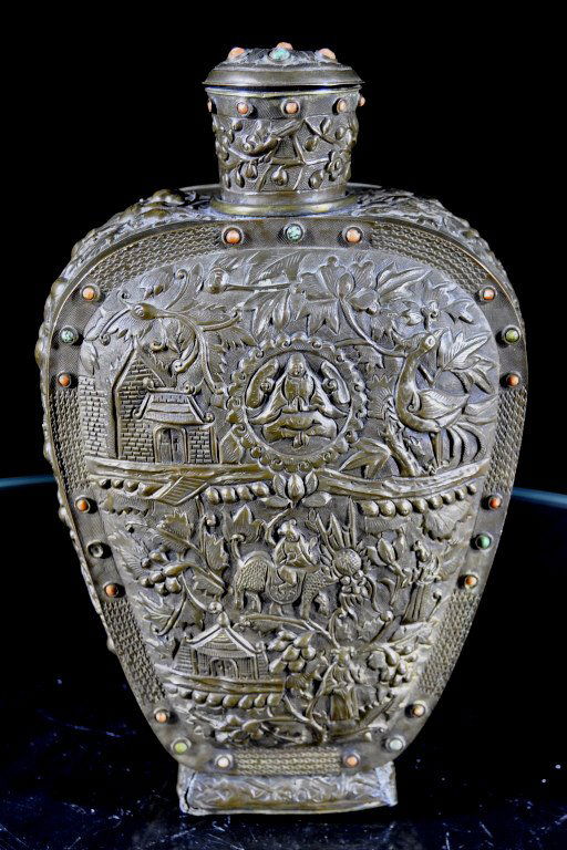 Tibetan Jeweled Repousse Copper Vessel (1 of 3)