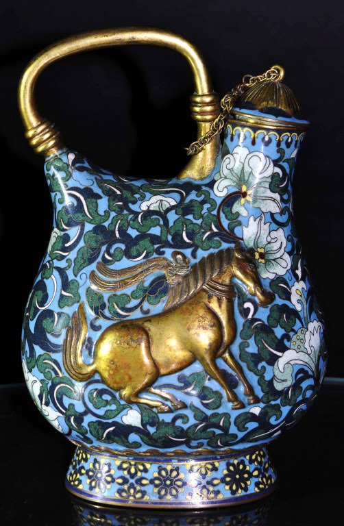 Sino-Mongolian Cloisonne and Bronze Wine Pot: Size: 9.5" H