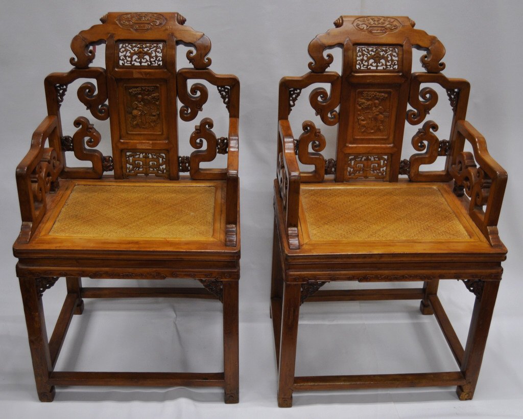 Pair of Chinese Carved Hardwood High Back Chairs (1 of 3)