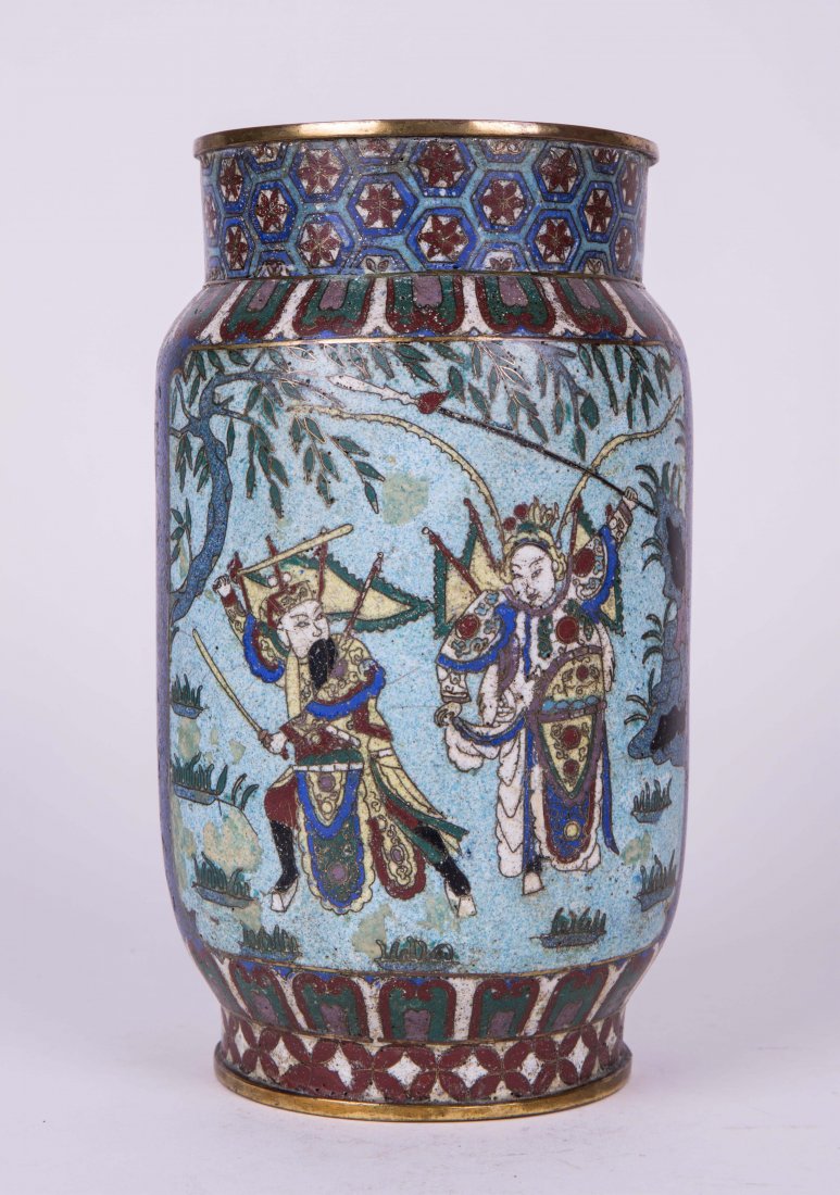 CHINESE CLOISONNE VASE WITH OPERA SCENE: 19th century; 9 1/2 in. h