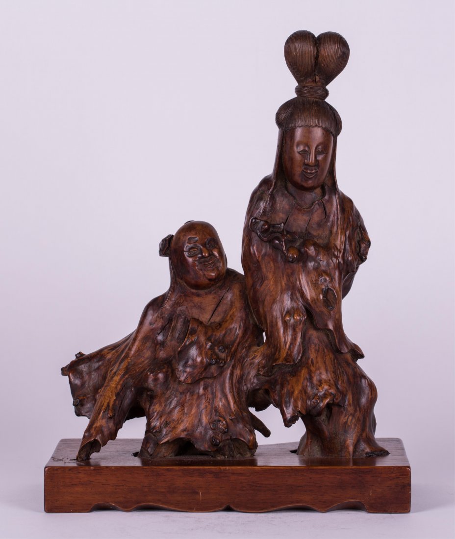 CHINESE ROOTWOOD CARVING OF TWO DEITY: 19th century, on hardwood base; 11 in. h, 8 1/2 in. w
