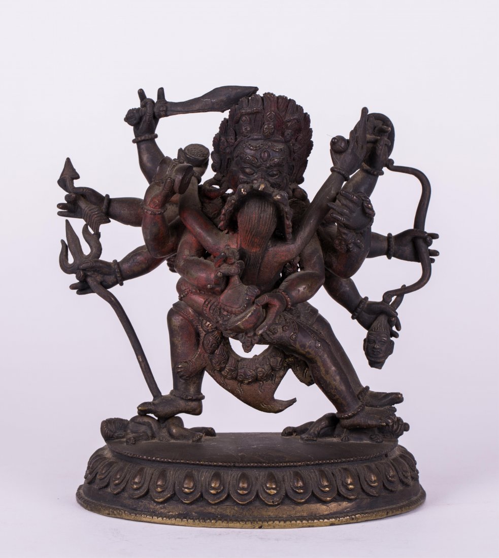 TIBETAN BRONZE MAKAHALA: 19th century, with rich pigment; 6 1/2 in. h, 6 in. w