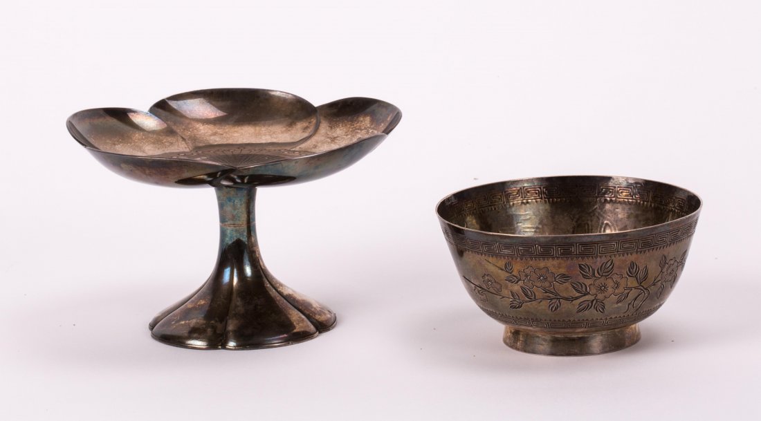 TWO ASIAN SILVER OBJECT: one bowl, another stemmed dish; bowl (2 in. h, 4 in. diameter), dish (3 1/2 in. h, 5 1/2 in. diameter)