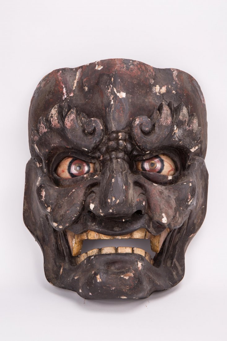 LARGE JAPANESE LACQUER NOH MASK: Edo period, with glass inlaid eye; 17 in. h, 15 in. w