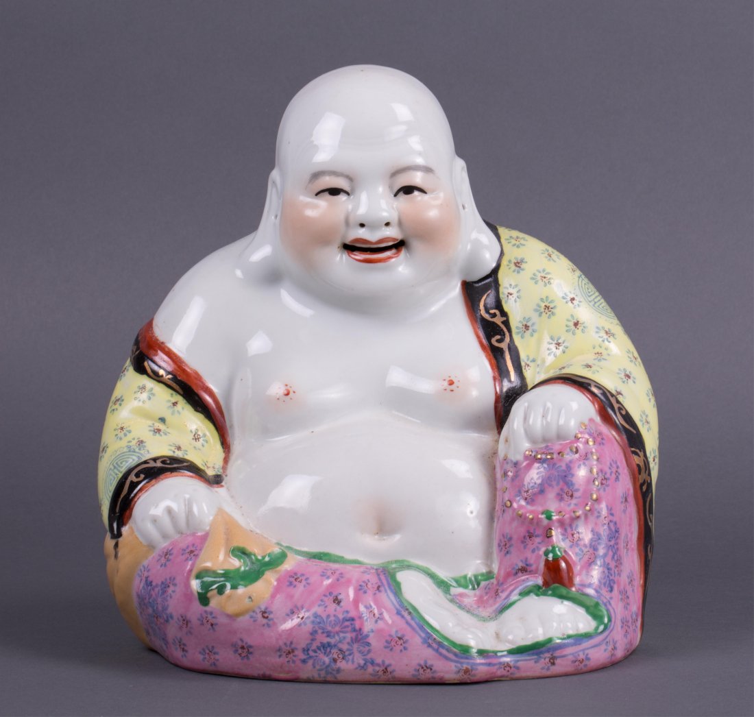 CHINESE FAMILLE ROSE PORCELAIN HAPPY BUDDHA: 20th century, with impressed hallmark at bottom; 10 in. h