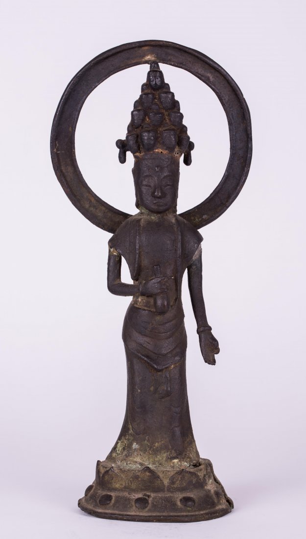 ASIAN ANTIQUE BRONZE BUDDHA HOLDING VASE IN HAND: 17th century, possibly Japanese or Korean; 13 in. h