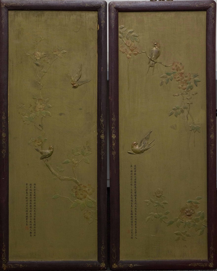 A PAIR OF CHINESE LACQUER PANEL OF BIRD SCENE: 19th / 20th century; 40 by 15 3/4 in.
