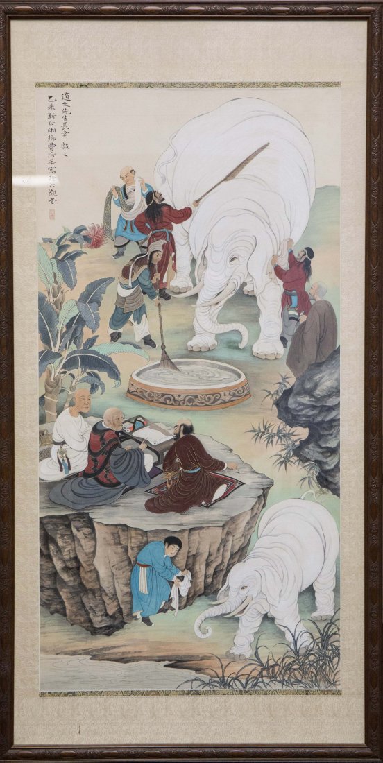 CHINESE FRAMED PAINTING OF IMMORTAL AND ELEPHANT: 20th century; 64 1/2 by 33 in.