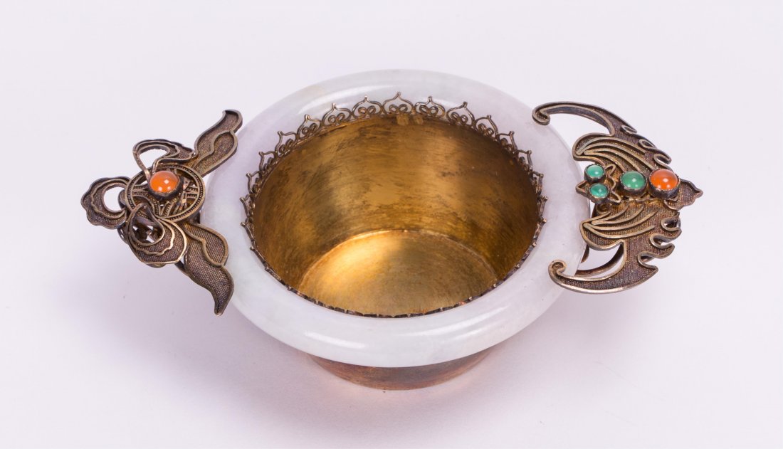CHINESE SIVER CUP INLAID JADE BANGLE: Qing dynasty, jade bangle; 1 in. h, 4 1/2 in. w, 3 in. diameter