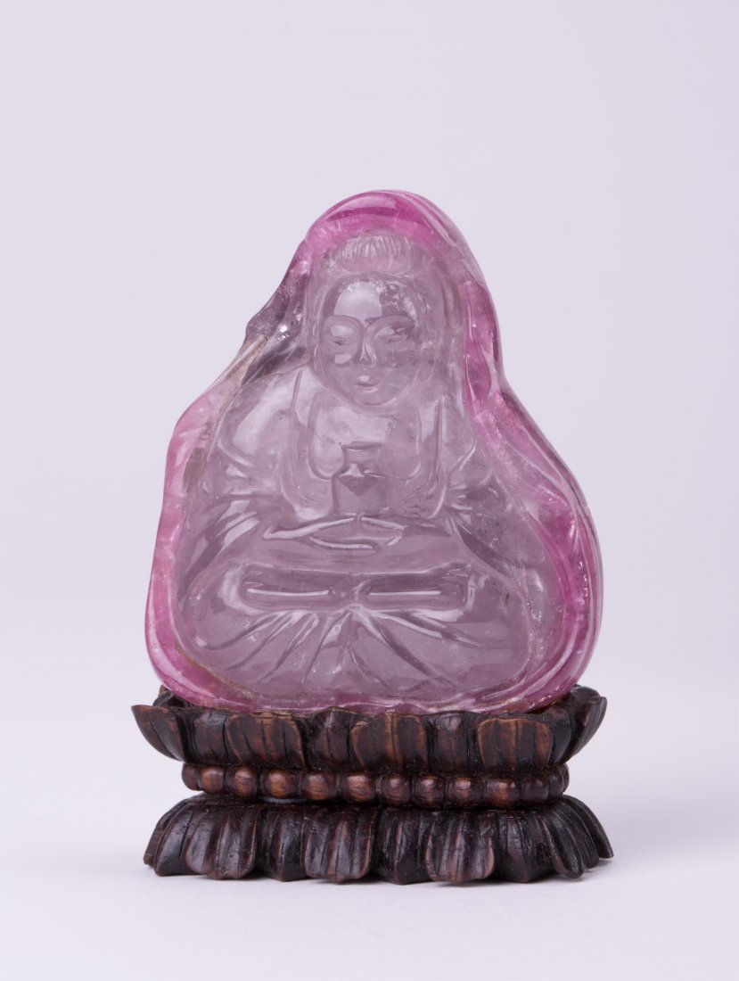 CHINESE TOURMALINE KUAN YIN: Qing dynasty; 2 1/3 by 2 in.