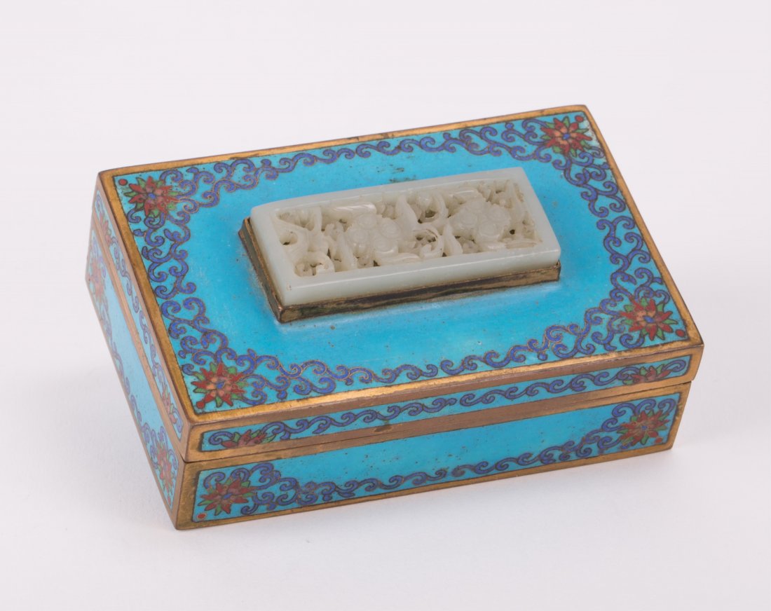 CHINESE BRONZE ENAMEL BOX INLAID JADE: Qing dynasty; 3 3/4 by 2 1/2 by 1 1/5 in.