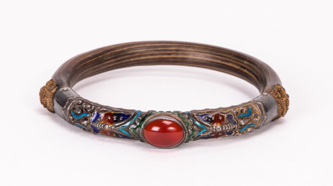 CHINESE BAMBOO BRACELET WITH ENAMELED SILVER: 20th century; 3 1/4 in. diameter