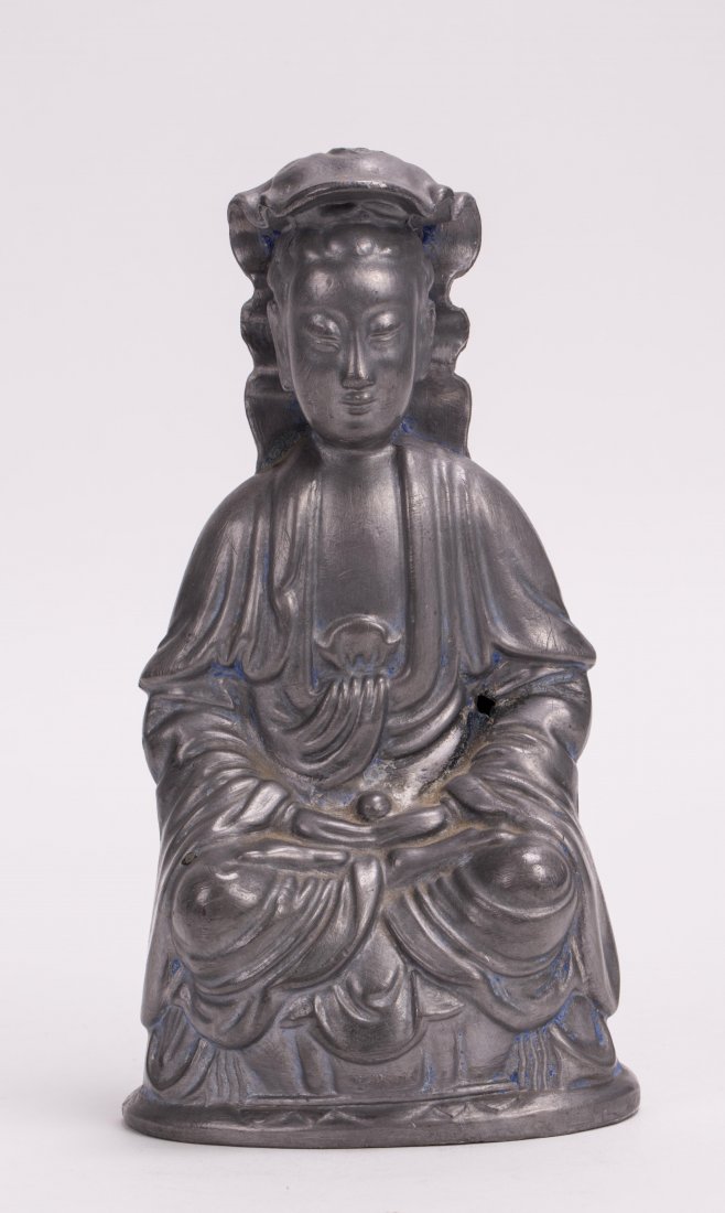 CHINESE PEWTER SEATED KUAN YIN: 19th century; 8 in. h