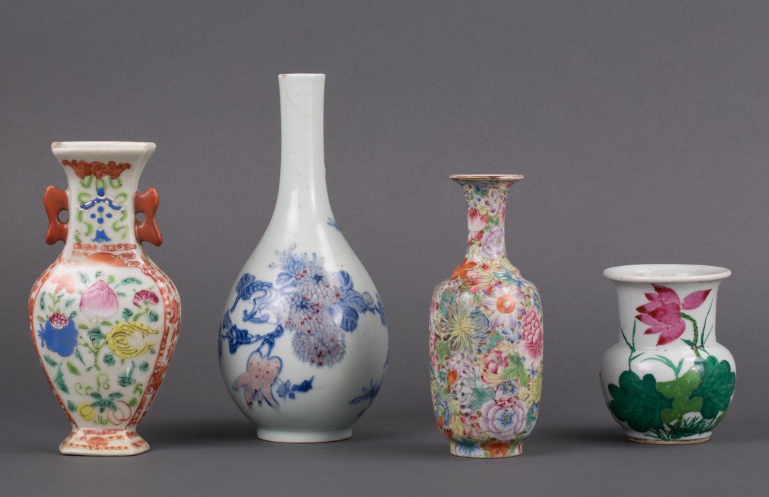 FOUR CHINESE PORCELAIN VASES: 19th / 20th century; underglazed blue red vase, milifloral vase, wall vase and one scholar vase; tallest (8 1/2 in. h), shortest (3 3/4 in. h)