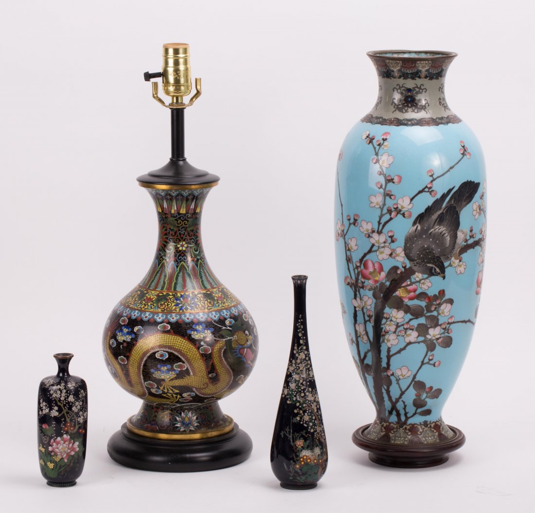 FOUR CHINESE JAPANESE CLOISONNE VASES: 19th century; one dragon motif lamp, three Japanese vases; tallest (19 1/2 in. h), shortest (6 in. h)
