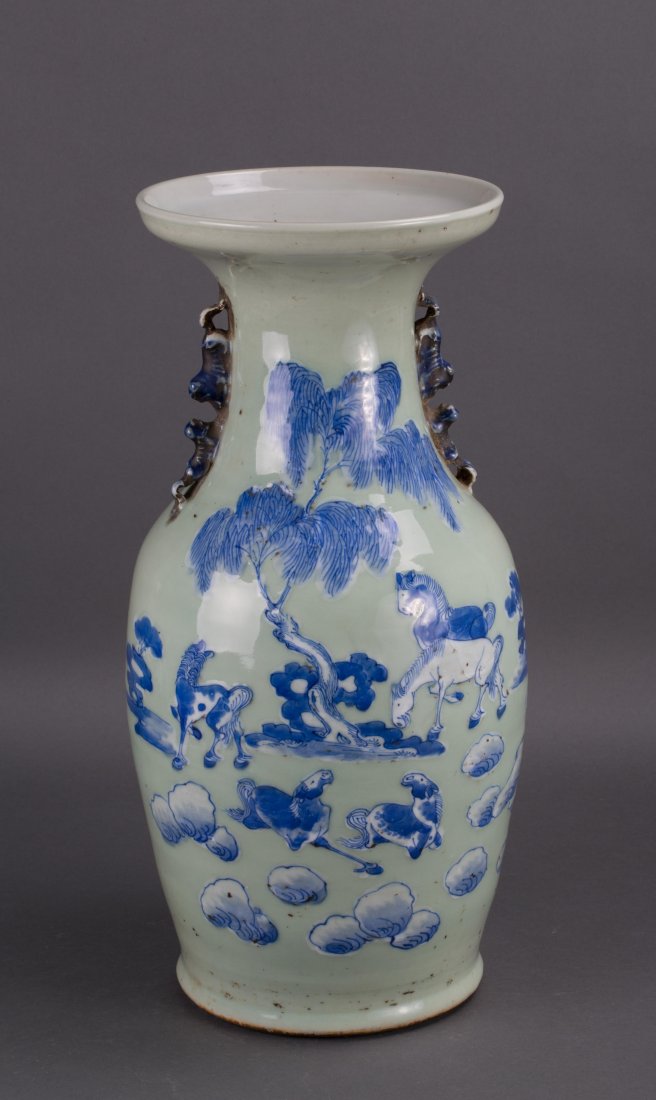CHINESE CELADON BALUSTER VASE WITH HORSE SCENE: 19th century; 17 1/2 in. h