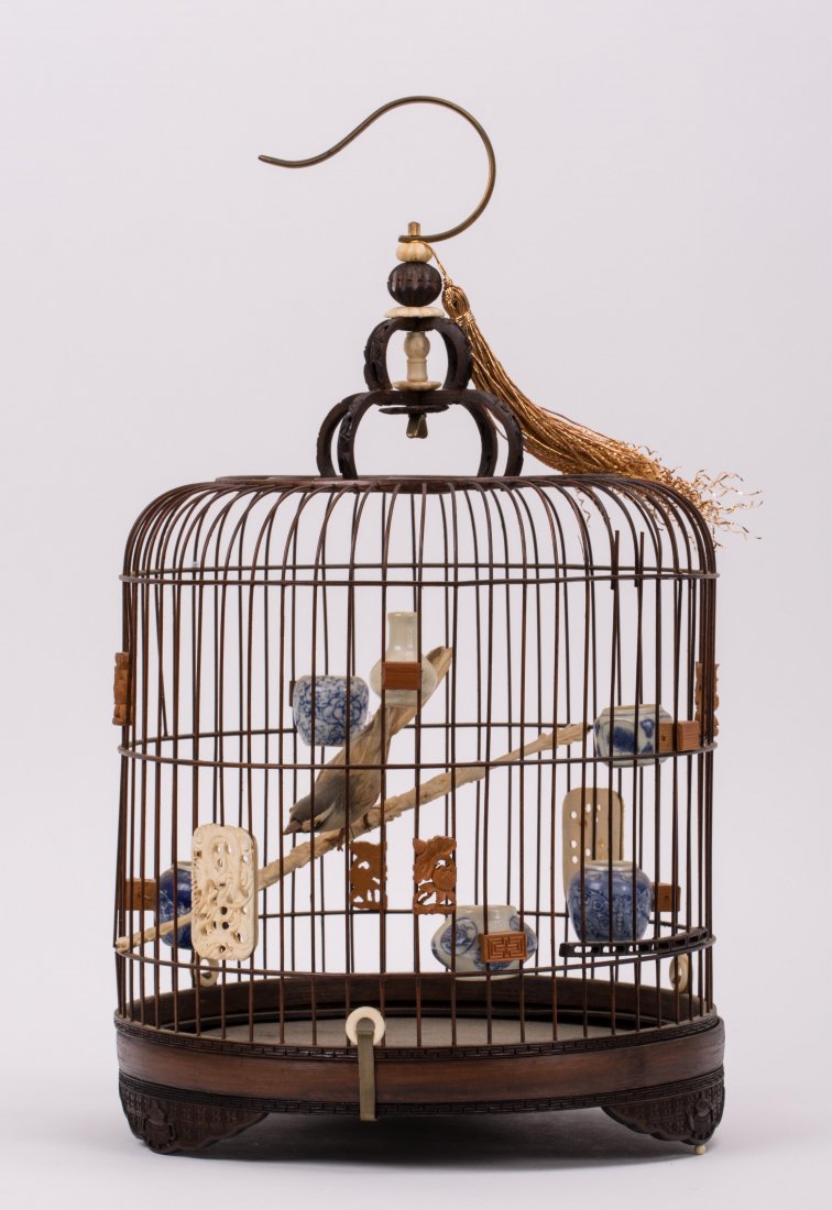 CHINESE BAMBOO BIRD CAGE: 19th / 20th century; 17 in. h, 9 1/2 in. diameter