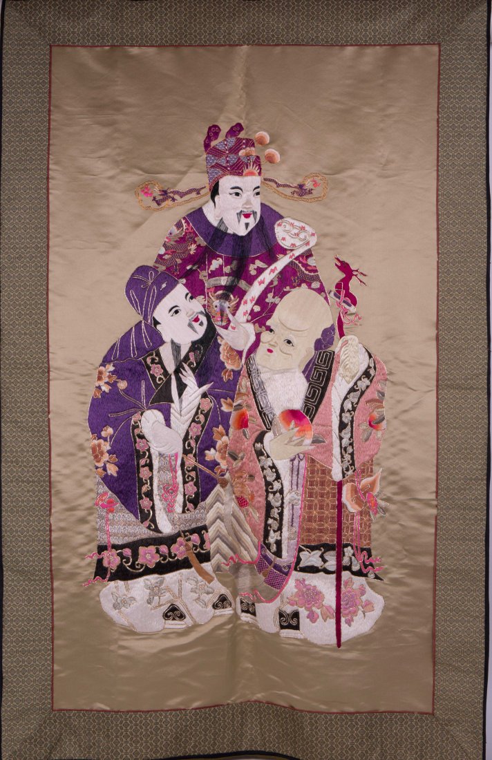 CHINESE EMBROIDERY PANEL OF SCHOLARS: 20th century; 55 in. h, 36 in. w