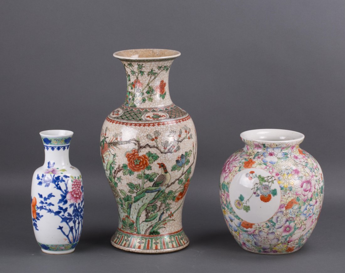 THREE CHINESE PORCELAIN VASES: 19th century; milifloral vase, famille verte bird on birch, another famille rose floral vase; 1st one (16 in. h), 2nd & 3rd one (9 1/2 in. h)