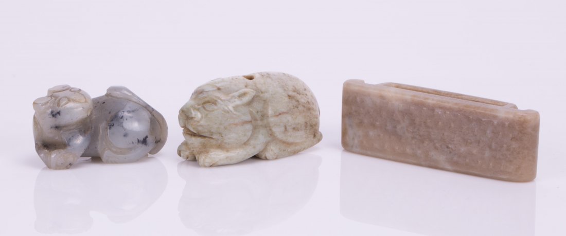 THREE CHINESE JADE ARTICLES - SWORD, GUARD, CAT: 19th century or earlier; longest (2 3/4 in. l), shortest (1 3/4 in. l)