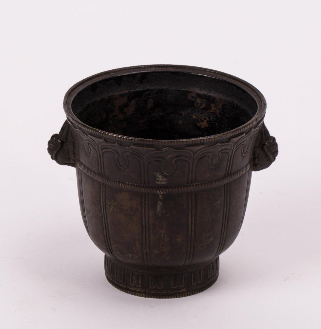 CHINESE 18TH CENTURY BRONZE CENSER - XUANDE MARK: with animal head; 3 1/2 in. h, 4 in. diameter