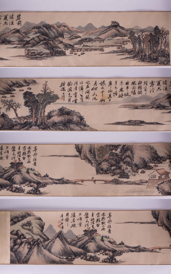 CHINESE HAND SCROLL PAINTING WITH JADE ENDS: 19th century; silk embroidery, landscape scene, artist signed; 156 by 15 in.