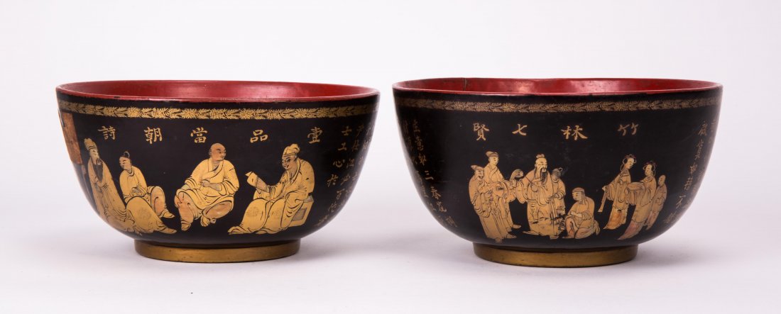 PAIR OF LACQUER BOWL W/ GILT FIGURINE & CHARACTERS: 19th century; 3 3/4 in. h, 7 in. w
